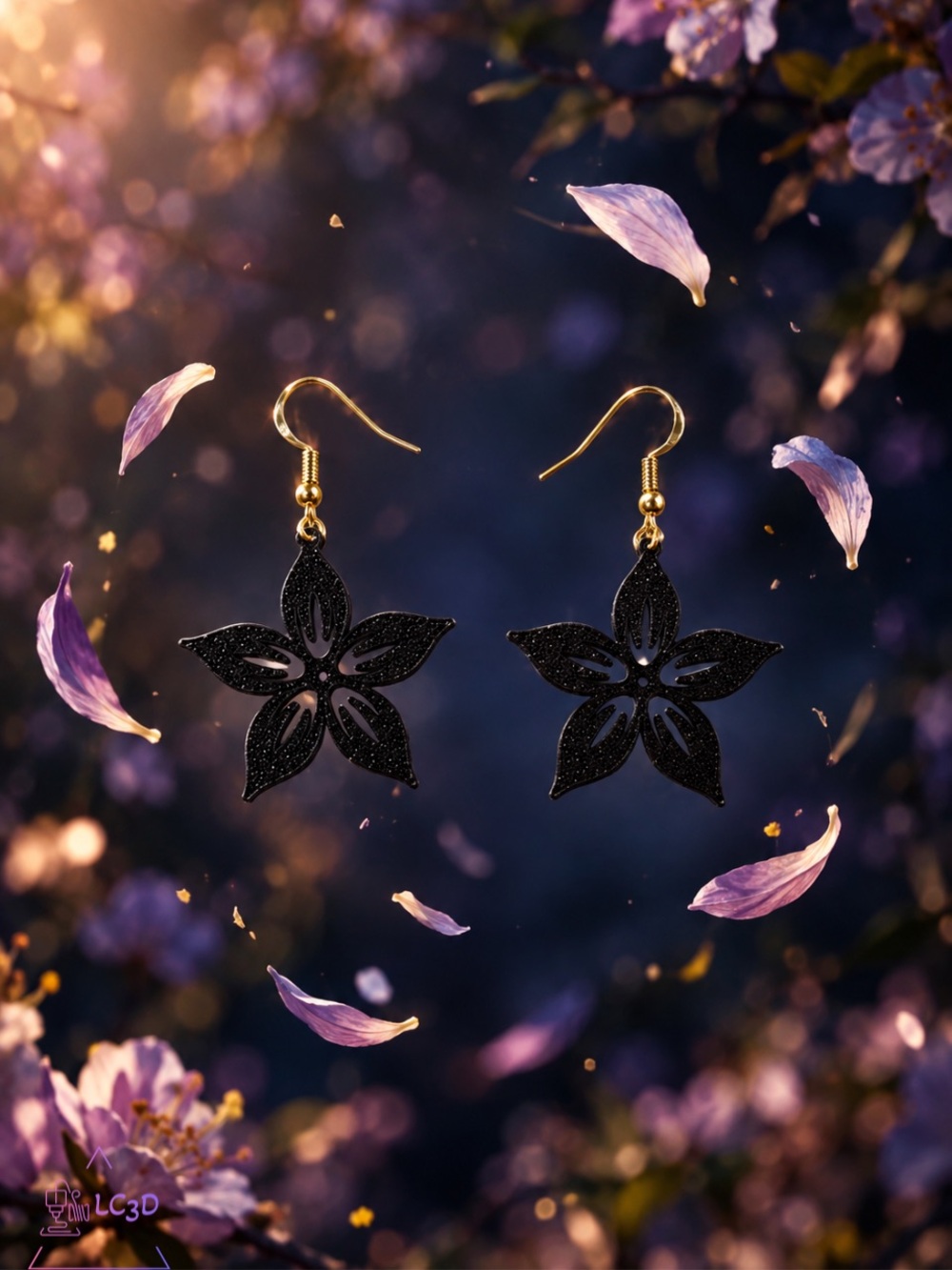 Gold Hook Black Floral Drop Earrings - Unbranded